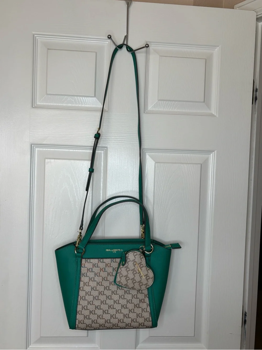 Karl Lagerfeld Teal and Beige Logo-Panel Satchel with Heart Charm